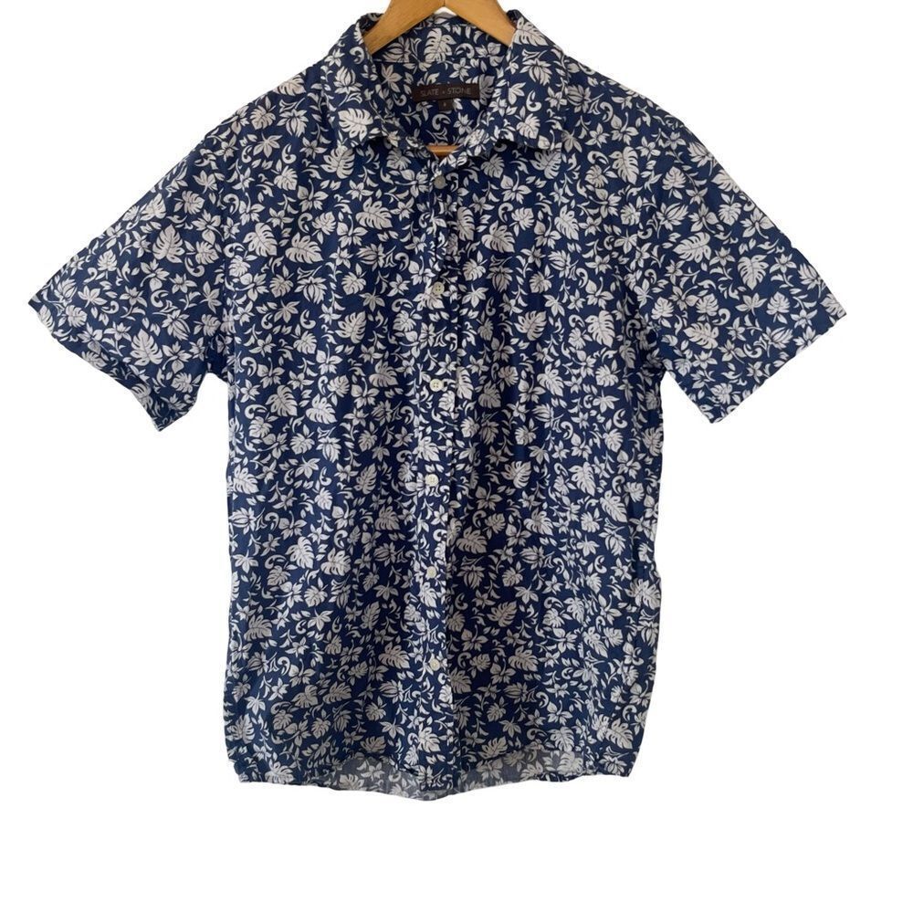 Slate &‎ Stone Blue White Floral Pattern Short Sleeve Cotton Button Down Shirt